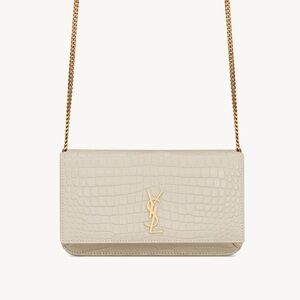 SAINT LAURENT Cassandre Crema Soft Croc Embossed Leather Phone Holder New